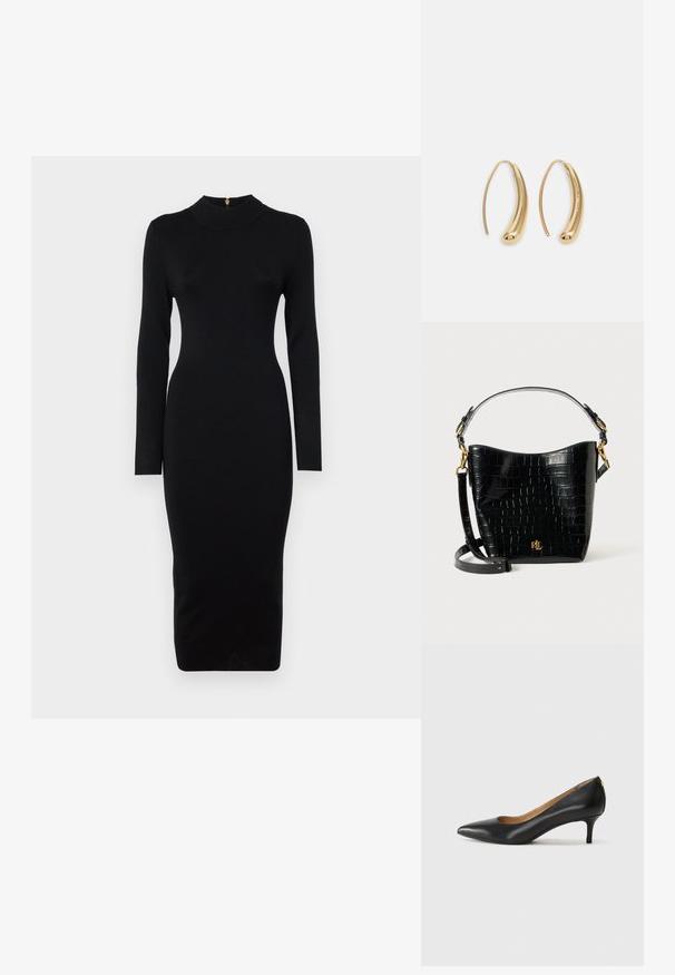 Sort tætsiddende kjole med lange ærmer, høj halsudskæring, ribbet tekstur og en mellemlangt silhuet. Har en lynlås bagpå med guldbeslag.; Sorte læderpumper med spids tå, lav hæl og en glat tekstur. Har en let åbning foran og minimal hardware bagpå.; Sort lædertaske med krokodilleprægning, rundet form, guldhardware-detaljer, justerbar rem og logodekal foran.; Guldfarvede metal hoops øreringe med en bøjet, forlænget form. Har en glat, skinnende overflade og en afrundet spids for ekstra detalje.