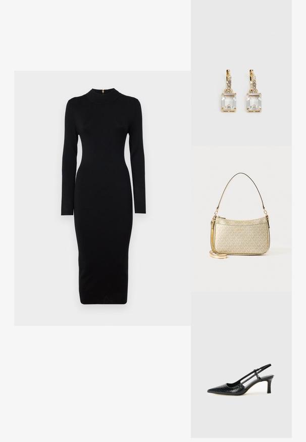 Vestido preto ajustado com mangas longas, decote alto, textura canelada e silhueta de comprimento médio. Possui um fecho nas costas com uma fivela dourada.; Salto slingback em patente preta com bico apontado, apresentando um padrão de pele de cobra texturizado, tira ajustável e um salto bloco curto e texturizado.; Mala com textura dourada, equipada com uma alça de couro suave, apresentando um fecho zip e um padrão de logotipo discreto impresso na superfície.; Brincos em tom de ouro com um cristal retangular claro pendurado abaixo de uma linha de pequenos acentos redondos claros. Design elegante e moderno.
