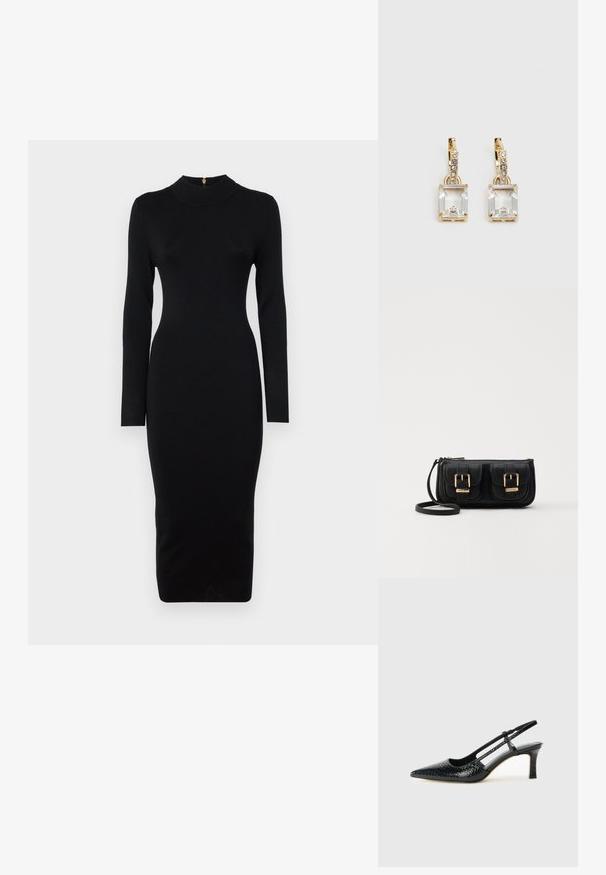 Čierne priliehavé šaty s dlhými rukávmi, vysokým výstrihom, vrúbkovanou textúrou a stredne dlhým strihom. Obsahujú zips na zadnej strane so zlatým kovaním.; Čierne patentové slingback topánky na ihlovom podpätku s špicatou špičkou, s textúrovaným hadím vzorom, nastaviteľným popruhom a krátkym, textúrovaným blokovým podpätkom.; Čierna kožená crossbody taška s dvoma prednými vreckami, zlatými sponami, zipsovým uzatváraním a úzkym popruhom. Štruktúrovaný povrch a kompaktný obdĺžnikový tvar.; Náušnice v zlatej farbe, ktoré majú obdĺžnikový, transparentný kryštál visiaci pod radom malých, guľatých, čírych akcentov. Elegantný, moderný dizajn.