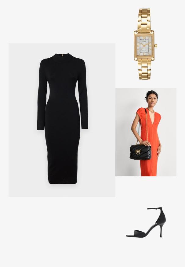 Schwarzes, figurbetontes Kleid mit langen Ärmeln, hohem Kragen, geripptem Struktur und mittellanger Silhouette. Verfügt über einen Reißverschluss am Rücken mit goldfarbener Hardware.; Mango High Heel Sandalette - black; Schwarze Lederhandtasche mit gestepptem Design und goldenen Hardware-Elementen, ausgestattet mit einem dekorativen Verschluss. Die Tasche hat einen Kettenriemen und wird in der Hand gehalten.; Goldfarbene rechteckige Armbanduhr mit Zifferblatt in Weiß, silbernen Stundenmarkierungen und einem strapazierfähigen Metallarmband. Wasserfest.