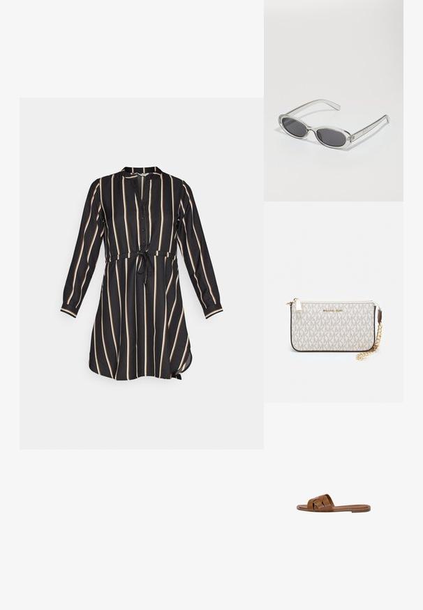 Crna haljina s vertikalnim krem prugama, patentni zatvarač sprijeda, ovratnik, dugi rukavi i strukirana s naglaskom vezanom u mašnu. Mekana tekstura tkanine.; Smeđe kožne sandale na klizanje s ukriženim trakama, ravnim potplatom i glatkom površinom. Jednostavan dizajn bez ukrasa ili uzoraka.; Naočale u ovalnom obliku, okvir od prozirne plastike, tamno sivi leće i tanke prozirne ručke s logotipom i minimalnim detaljima.; Michael Kors novčanik na zapešću u bež premazanoj tkanini s ponavljajućim uzorkom MK loga, zlatnim hardverom i odvojivim lancem za nošenje.