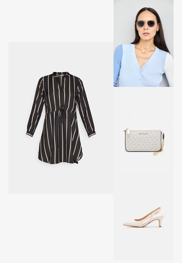 Črna obleka z navpičnimi kremnimi črtami, sprednjim zapenjanjem na gumbe, ovratnikom, dolgimi rokavi in ožjim pasom z zavezanim poudarkom. Mehka tekstura tkanine.; Bela slingback peta z ostrim nosom, gladka zgornja prevleka, nizka blok peta in zasnova z stranskimi izrezi ter nastavljivim trakom z zaponko.; Okrogle sončna očala s temnimi lečami in zlatimi okvirji. Model nosi svetlo modro, rebrasto jakno s gumbi in belimi rokavi v kontrastni barvi.; Michael Kors denarnica v bež lakiranem platnu z mišičnim vzorcem ponavljajočega se logotipa MK, z zlatim okovjem in snemljivo verižico.