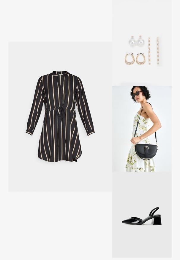 Sort kjole med lodrette cremefarvede striber, knaplukning foran, krave, lange ærmer og en indsnøret talje med en bundet detalje. Blød stofstruktur.; Sorte patentlæder slingback hæle med spids tå og en geometrisk blok hæl. Har et elegant, minimalistisk design og en glat tekstur.; Sort læderhåndtaske med en buet form, aftagelig rem og guldfinish. Tasken har en klap med en spænde detalje.; Tre par øreringe: store hvide perle studs, guld hoops med klare ædelstene, og to lange, lige guld accenterøreringe med glitrende detaljer.