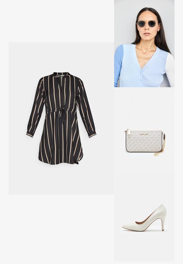Černé šaty s vertikálními krémovými pruhy, zapínání na knoflíky vpředu, límec, dlouhé rukávy a zúžený pas se zavázaným detailem. Měkká textilie.; Bílé lakované kožené lodičky na vysokém podpatku s špičatou špičkou a hladkým povrchem, vybavené štíhlým podpatkem a nízkým střihem kolem otvoru.; Kulaté sluneční brýle s tmavými čočkami a zlatými rámy. Modelka má na sobě světle modrý žebrovaný kardigan s knoflíky a kontrastními bílými rukávy.; Kabelka na zápěstí Michael Kors v béžové potažené plátno s opakujícím se vzorem loga MK, zlatými kovovými doplňky a odnímatelným řetízkovým popruhem.