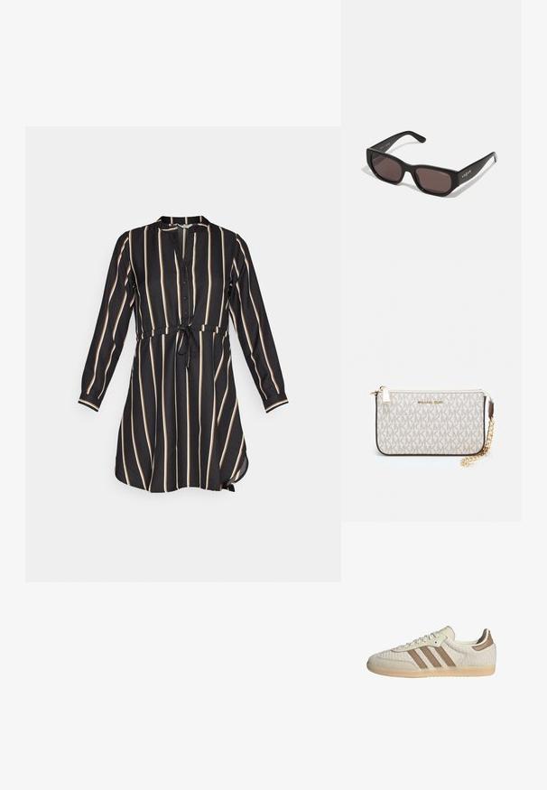Černé šaty s vertikálními krémovými pruhy, zapínání na knoflíky vpředu, límec, dlouhé rukávy a zúžený pas se zavázaným detailem. Měkká textilie.; Tenisky s prodyšným krémovým síťovaným svrškem, hnědými koženými akcenty a třemi charakteristickými pruhy. Lehká gumová podešev se strukturovaným vzorem.; Černé obdélníkové sluneční brýle s tmavými skly. Vybaveny hladkým plastovým rámečkem a detailem loga na spánku. Čistý, moderní design.; Kabelka na zápěstí Michael Kors v béžové potažené plátno s opakujícím se vzorem loga MK, zlatými kovovými doplňky a odnímatelným řetízkovým popruhem.