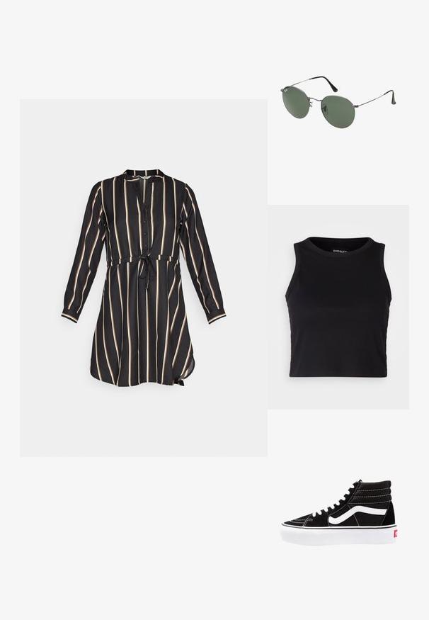 Juoda suknelė su vertikaliomis kreminėmis juostelėmis, mygtukų užsegimu priekyje, apykakle, ilgomis rankovėmis ir siaurėjanti juosmens dalimi su surišamu akcentu. Minkšta medžiagos tekstūra.; Juodas kanalų rašto trumpas topas su apvaliu iškirpimu ir be rankovių dizainu. Pagaminta iš minkštos, elastingos medžiagos, kurios kraštai tvarkingai apdirbti.; Juodi aukšti sportbačiai su baltais raišteliais, baltu logotipu ir kontrastinga balta siuvinėta. Turi storą baltą padas ir tekstūruotą zomšos viršutinę dalį.; Metaliniai akiniai su ovaliais žaliais lęšiais. Plonas sidabro spalvos metalinis rėmas ir juodi ausų laikikliai. Minimalistinis dizainas, be matomų logotipų.