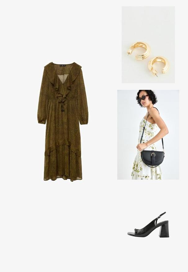 Mango Rochie de zi - green; Next Sandale - black; Geantă din piele neagră, cu o formă curbată, curea detașabilă și accesorii aurii. Geanta are un capac cu un detaliu tip cataramă.; Cercei din metal auriu cu un finisaj lustruit, având un design canelat și închidere cu tijă. Formă rotundă și voluminoasă.