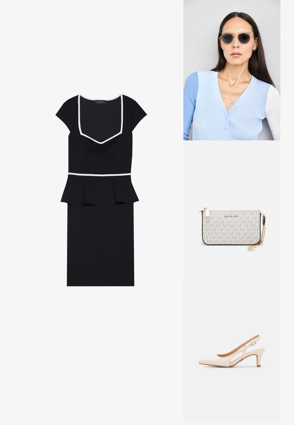 Schwarzes Kleid mit quadratischem Ausschnitt, kurzen Ärmeln und gerafftem Vorderteil. Es hat eine Peplum-Taille und kontrastierende weiße Akzentierungen.; Weiße Slingback-Absätze mit spitzer Zehenpartie, glattem Obermaterial, niedrigem Blockabsatz und seitlichem Ausschnitt-Design mit verstellbarem Schnallenriemen.; Runde Sonnenbrillen mit dunklen Gläsern und goldenen Rahmen. Das Modell trägt eine hellblaue, gerippte Strickjacke mit Knöpfen und weißen Kontrastärmeln.; Michael Kors Clutch in beige beschichtetem Canvas mit einem wiederholten MK-Logo-Muster, goldfarbener hardware und einem abnehmbaren Kettenriemen.
