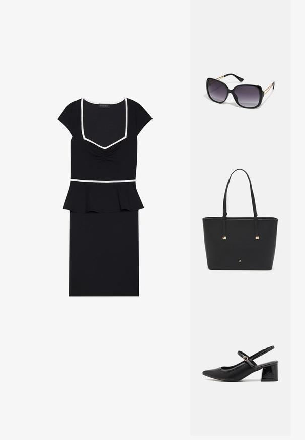Abito nero con scollo quadrato, maniche corte e parte frontale arricciata. Ha una vita a peplum e dettagli a contrasto in bianco.; Décolleté in vernice nera con cinturino dietro, punta affusolata, design con ritagli arrotondati e tacco a blocco. Presenta un accento di fibbia tono oro.; Occhiali da sole neri oversize con lenti sfumate, montatura spessa e dettagli in catena dorata sulle astine.; Borsa a tracolla nera in materiale sintetico, con un design rettangolare semplice, dettagli quadri dorati e doppi manici.