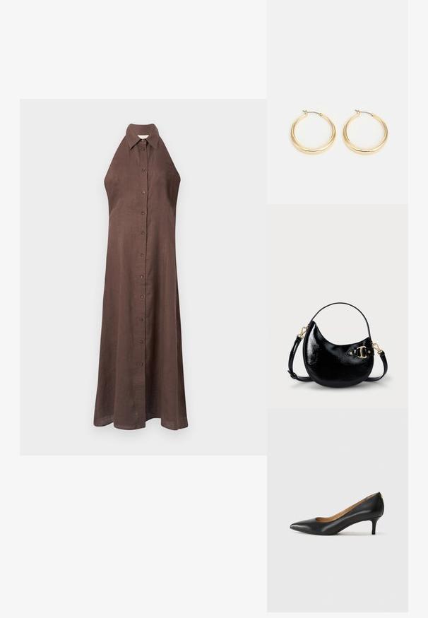 Rochie din in maro, fără mâneci, cu guler, închidere cu nasturi și o siluetă fluidă care se extinde până la glezne. Textură netedă.; Pantofii din piele neagră au vârful ascuțit, toc mic și o textură netedă. Au o deschidere ușoară în față și un hardware minim în spate.; Geantă de mână din piele patent neagră, cu o formă curbă, curea ajustabilă și detalii din metal auriu pe lateral. Textură netedă și lucioasă.; Cercei tip cerc din metal auriu, cu un design neted și rotund, având un închizător din fir subțire și un finisaj lustruit pentru un aspect strălucitor.