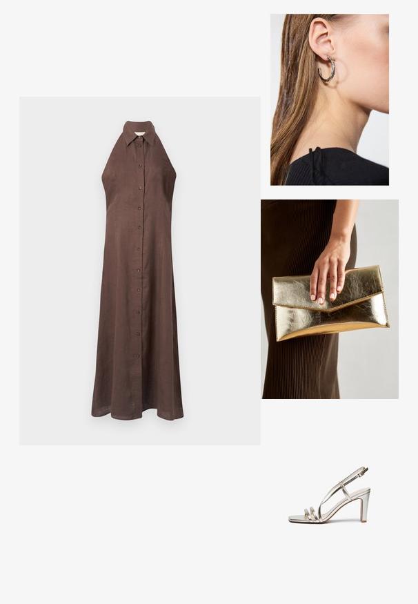 Vestido sem mangas em linho castanho, com colarinho, fechamento frontal por botões e uma silhueta fluida que se estende até os tornozelos. Textura suave.; Sandal de salto alto prateado metálico com biqueira aberta, apresentando três tiras finas sobre o pé e uma tira no tornozelo com fivela.; Bolsa de mão metálica dourada com uma textura suave, apresentando um fecho em aba triangular. A mão que a segura tem unhas bem cuidadas.; Brinco de argola prateada com acabamento polido, apresentando pequenos detalhes em dourado e uma forma redonda, usado na orelha.