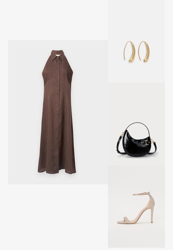 Pruun linane lõhikuta kleit, millel on krae, nupu eest ja voolav siluett, mis ulatub pahkluudeni. Sile tekstuur.; Stiilipete kõrge kontsaga sandaal metallik roosi kuldse värviga, millel on tekstureeritud ülemine osa, avatud varvas ja pahkluu rihm, millel on kuldne klamber.; Must musta nahk käekott kumerate joontega, reguleeritava rihmaga ja kuldse tooniga detailidega küljel. Sile, särav tekstuur.; Kuldtoonilised metallist rõngas kõrvarõngad, millel on kõver ja piklik kuju. Omavad siledat, läikivat pinda ja ümarat tipptugevdust, mis lisab detaili.