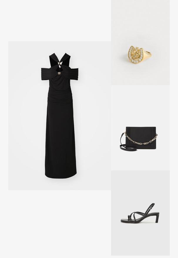 Hervé Léger THE ELLE GOWN - Vestido de fiesta - black; Sandalia negra de tiras con punta cuadrada y tacón bajo de bloque. Presenta múltiples tiras delgadas y una correa ajustable en el tobillo. Fabricada en cuero suave.; Bolso cruzado de piel negra con textura suave, forma rectangular y un detalle de cadena metálica en el frente. Incluye una correa ajustable.; Anillo de oro con un diseño de corona dentro de un herradura, decorado con pequeñas piedras preciosas transparentes, sobre un fondo blanco.