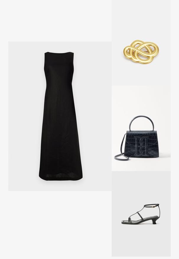 Rochie neagră fără mâneci, cu croială dreaptă, realizată dintr-un material ușor, având un decolteu rotund simplu și un design minimalist.; Sandelă din piele neagră cu vârf pătrat, curele subțiri, curea ajustabilă la gleznă și toc mic. Prezintă un mic accent auriu pe curea.; Geantă din piele cu model de crocodil negru, cu un design structurat, mână superioară, curea ajustabilă și un detaliu proeminent cu logo pe față.; Broșă de culoare aurie cu un design împletit, având linii netede și curbe și o formă complexă, ce reflectă un finisaj lucios.