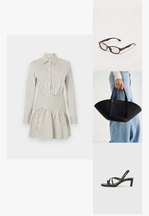 Rochie cu nasturi, cu talie ajustată, fustă evazată, mâneci lungi și dungi subțiri maro pe un fundal crem. Dispune de o guler clasic.; Sandal cu barete negre, cu vârf pătrat și toc mic de bloc. Prezintă mai multe barete subțiri și o bareta ajustabilă la gleznă. Fabricat din piele netedă.; Ochelari de soare bleoni cu un design rotund și lentile de nuanță deschisă. Au brațe rezistente cu mici accente de aur, fabricate din material plastic.; Geantă de piele neagră cu o formă unică de evantai, având mânere plate. Suprafața are o textură cu mici granule și un design minimalist.