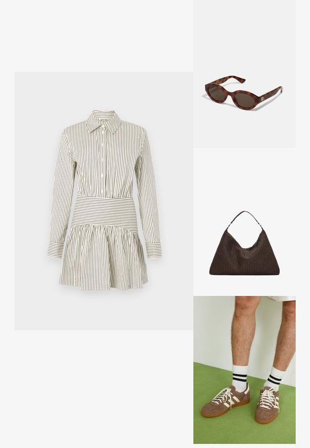 Rochie cu nasturi, cu talie ajustată, fustă evazată, mâneci lungi și dungi subțiri maro pe un fundal crem. Dispune de o guler clasic.; Adidași maro din suede cu accente și șireturi albe. Talpă din cauciuc de culoare caramel. Purtați cu șosete albe cu dungi negre. Pardoseală verde texturată.; Ochelari de soare din tortoiseshell cu rame rotunde, lentile întunecate și detalii cu logo auriu pe brațe. Material plastic neted, fără modele vizibile.; Geantă din piele împletită, de culoare maro, cu o formă triangulară, lejeră. Are un mâner împletit și închidere cu fermoar pe partea superioară.