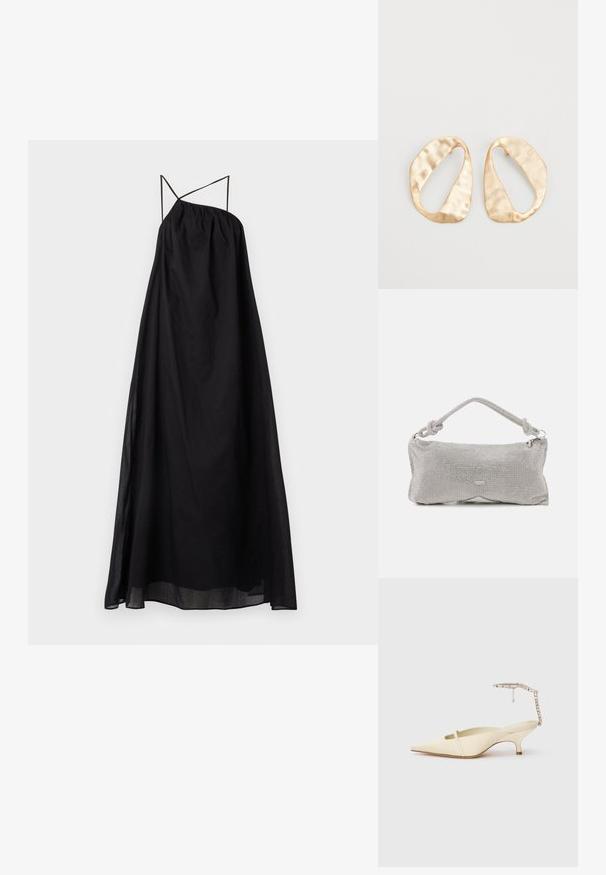 Juodas maxi suknelė su laisva siluete, pagaminta iš lengvos medžiagos. Savybės: kryžminiai dirželiai ir susiraukšlėta, elastinga iškirptė.; Kremo spalvos bateliai su smailiu priekiu ir plona priekine juostele, bei deimantinėmis apyrankėmis ant kulkšnies, ant baltos fono.; Sidabrinė metalinė tinklelio rankinė su mazgo aplinkiniu rankena, užtrauktuko uždarymu ir geometrine kūno forma su lygiu paviršiumi.; Nedidelis nereguliarus ovalo formos aukso tono metalinių auskarų pora su tekstūruota, šiek tiek kalta paviršiumi ant balto fono.