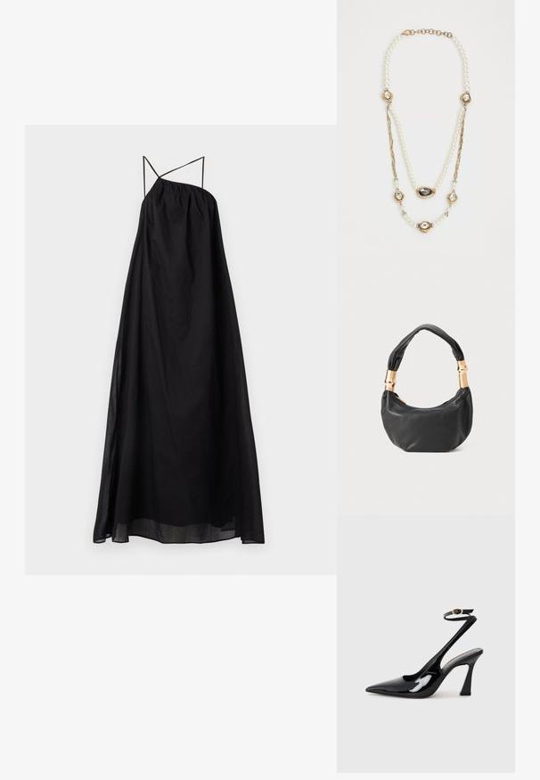 Svart maxiklänning med en flödande silhuett, tillverkad av lätt tyg. Har korskorsade axelremmar och en samlad, elastisk halsringning.; Svart patentläder slingback högklackade skor med spetsig tå, justerbar ankelsnodd och en måttlig blockklack. Slät yta med glansig finish.; Svart läderhandväska med rund form, mjuk textur och ett knuthandtag med detaljer i guldfärg. Dragkedjestängning.; Pärlhalsband med gulddetaljer, tre stenbesatta inställningar och en flätad kedjedel. Färgpalett i vitt och guld.