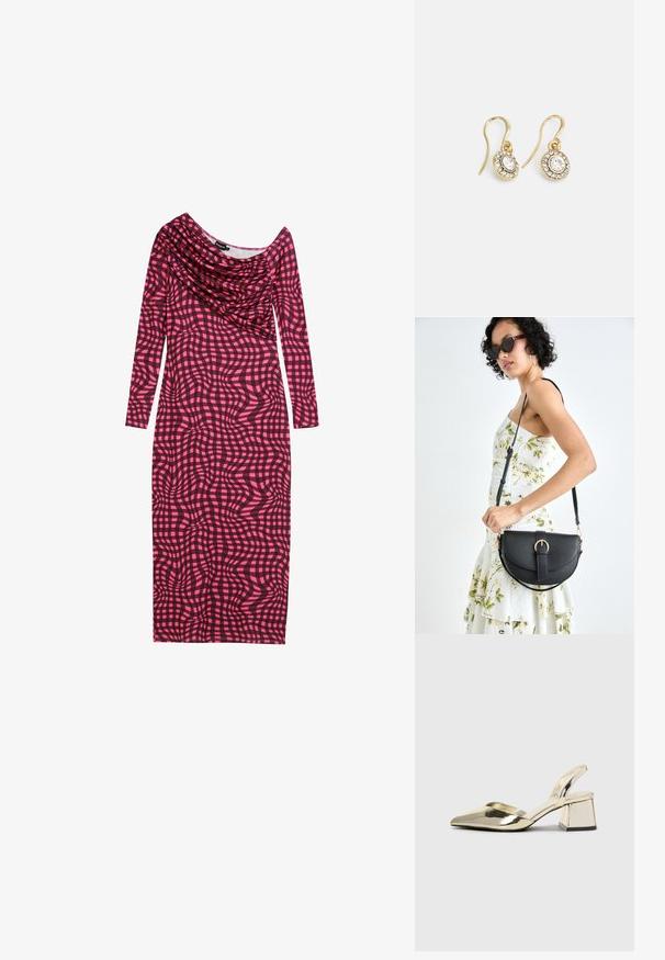 Dopasowana sukienka z długim rękawem w różowo-czarny abstrakcyjny wzór w kratę. Charakteryzuje się drapowanym dekoltem i gładką teksturą materiału.; Złote, metaliczne szpilki z boku z wydłużonym noskiem i grubym obcasem. Gładka faktura, minimalistyczny design i wąski pasek.; Czarna skórzana torebka o zakrzywionym kształcie, z odpinanym paskiem i złotymi akcentami. Torebka posiada klapę z zapięciem w kształcie klamry.; Złote kolczyki z owalnymi przezroczystymi kryształami otoczonymi mniejszymi przezroczystymi kamieniami, z zapięciem w formie haka zapewniającym bezpieczne noszenie.