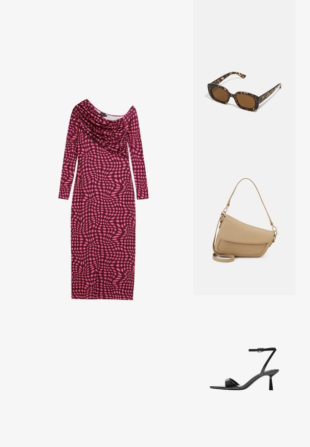 Rochie cu mânecă lungă, ajustată, într-un model abstract de carouri roz și negru. Prezintă un decolteu drapat și o textură de țesătură netedă.; Bershka Sandale cu toc - black; Ochelari de soare cu chelă de broască țestoasă, având un cadru rotund și voluminos, cu lentile maro. Prezintă modele subtile și brațe drepte, conice.; Even&Odd Geantă de mână - beige