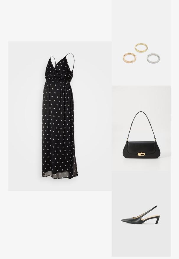 Rochie maxi neagră cu buline albe, material ușor, decolteu adânc în V, bretele ajustabile, talie strânsă, siluetă fluida.; Pantof cu toc mic, cu vârf ascuțit și slingback, realizat din piele netedă, având un design decupat pe lateral pentru respirabilitate.; Geantă de mână din piele neagră, cu un design curbat, accesorii de culoare aurie și un mâner de sus. Dispune de o închidere elegantă și o textură netedă.; Trei inele din metal: unul roz aurie, unul auriu cu accente texturate și unul argintiu, toate cu branding gravat pe banda interioară.