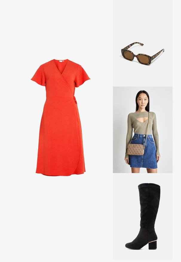 VILA VILOVIE WRAP DRESS - Vardagsklänning - poppy red; Svart knähög stövel i mjukt mockamaterial, med en kraftig blockklack med en guldaccent. Slät textur, rund tådesign.; Sköldpaddsmönstrade solglasögon med en rund, kraftig ram och bruna linser. Har subtila mönster och raka, avsmalnande skalmar.; Olivgrön ribbad stickad topp med ett utskärningsdetalj, tillsammans med en denimkjol. En brun märkesväska med kedjerem vilar på höften.
