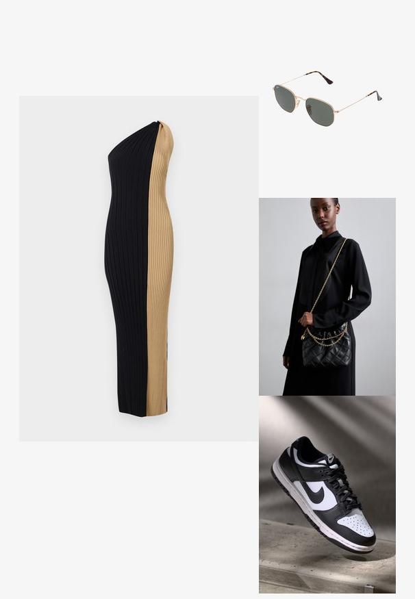 Šaty s odhalenými rameny a přiléhavým střihem. Mají kontrastní barevnou kombinaci černé a béžové a vertikální texturu po celém povrchu.; Černobílé tenisky Nike Dunk Low s koženým svrškem, perforovanou špičkou a černými tkaničkami, s bílou podrážkou a akcenty loga.; Sluneční brýle s kovovým zlatým rámem a tmavě zelenými skly, styl aviatorek, s úzkými obroučkami a želvovinovými akcenty na špičkách.; Černá prošívaná kožená kabelka s staženým vrchem, zlatým řetízkovým popruhem a obdélníkovým tvarem, držena před jednoduše pozadím.