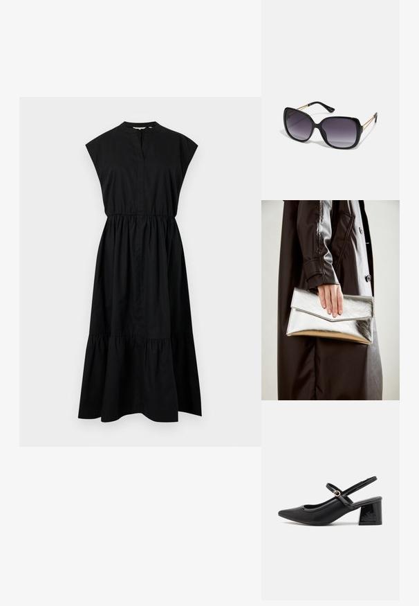 Juoda medvilninė suknelė su rankovėmis, V formos kaklu ir surinkta juosmens linija, baigianti sluoksniuotu sijonu. Lygi tekstūra, be raštų.; Juodi patentinio odos slingback aukštakulniai su smailiu pirštu, apvaliu išpjovimu ir blokiniu kulnu. Papuošti auksiniu juostos akcentu.; Juodos didelės saulės akinių su pereinamais objektyvais, storomis rėmeliais ir auksinės spalvos grandinėmis ant šventyklų.; Sidabrinis metalinis rankinukas su kampuota vokų forma, sklandžiu paviršiumi ir kontrastinga vidine spalva, laikomas rankoje, apsirengusioje juoda striuke.