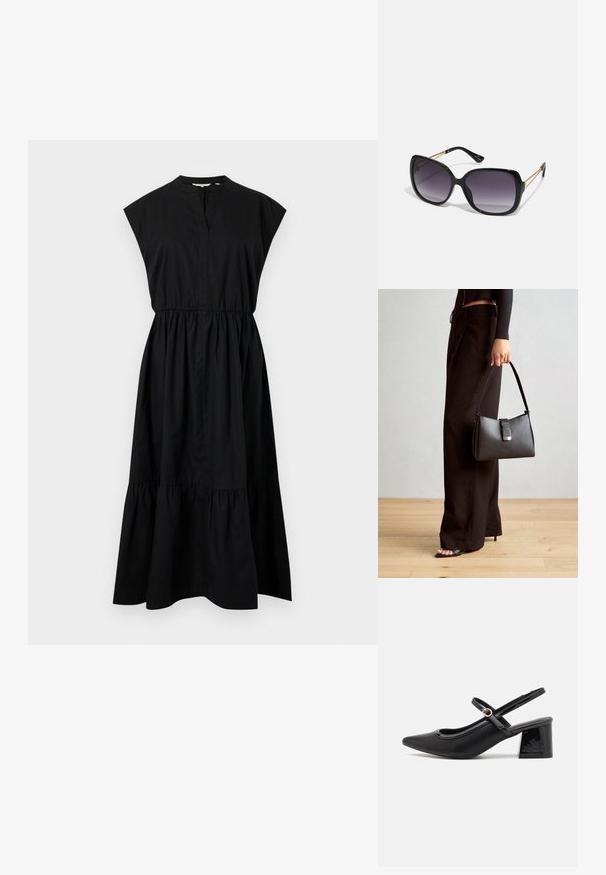 Schwarzes Baumwollkleid mit kurzen Ärmeln, V-Ausschnitt und gerafftem Taillenbereich, abgerundet mit einem gestuften Saum. Glatte Textur, keine Muster.; Schwarze Lackleder-Slingback-Absätze mit spitzer Zehenform, einem runden Ausschnitt-Design und einem Blockabsatz. Mit einem goldfarbenen Schnallenakzent.; Schwarze übergroße Sonnenbrille mit getönten Gläsern, dicken Rahmen und goldfarbener Kettendetaillierung an den Bügeln.; Schwarze Handtasche mit strukturierter Form, glatter Textur und einem metallischen Verschluss. Kombiniert mit weiten schwarzen Hosen und offenen Sandalen auf einem Holzboden.