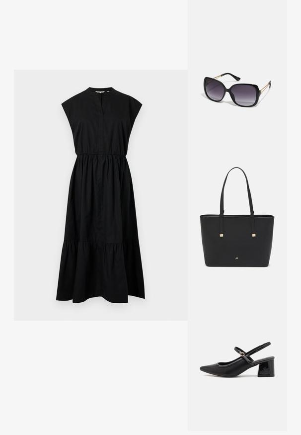 Zwarte katoenen jurk met kapmouwen, een V-halslijn en een geplooide taille, afgerond met een gelaagd zoom. Glad textuur, geen patronen.; Zwarte gepolijste leren slingback hakken met een spitse neus, een ronde uitsnede en een blokhak. Voorzien van een gouden gespaccent.; Zwarte oversized zonnebril met gradient glazen, dikke montuur en gouden kettingdetails op de pootjes.; Zwarte tote bag van synthetisch materiaal, met een eenvoudig rechthoekig ontwerp, gouden vierkante accenten en dubbele handvatten.