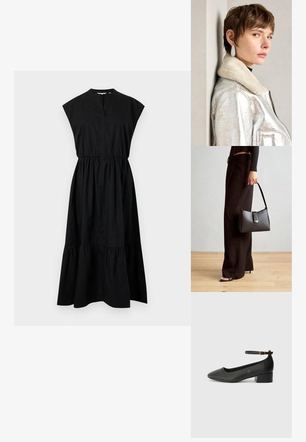 Černé bavlněné šaty s krátkými rukávky, výstřihem do V a nabíraným pasem, zakončené volánkovým lemem. Hladká textura, bez vzorů.; Černé kožené lodičky s špičatou špičkou a nízkým blokovým podpatkem. Obsahují pásek kolem kotníku se zlatou sponou. Hladký povrch.; Černá kabelka se strukturovaným tvarem, hladkým povrchem a kovovým uzávěrem. Kombinována s širokými černými kalhotami a sandály s otevřenou špičkou na dřevěné podlaze.; Stříbrná kovová kožená bunda s beránkovým límcem, s ozdobným zipem a texturovaným povrchem. Velké kapkovité náušnice s čirými drahokamy.