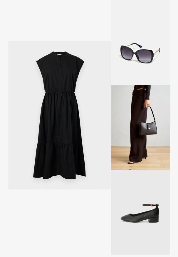 Abito di cotone nero con maniche a cappuccio, scollo a V e vita arricciata, con orlo a strati. Texture liscia, senza motivi.; Pump in pelle nera con punta affusolata e tacco basso a blocco. Presenta una cinghia alla caviglia con una fibbia in tonalità oro. Texture liscia.; Occhiali da sole neri oversize con lenti sfumate, montatura spessa e dettagli in catena dorata sulle astine.; Borsa nera con forma strutturata, texture liscia e una chiusura metallica. Abbinata a pantaloni neri larghi e sandali open-toe su un pavimento in legno.