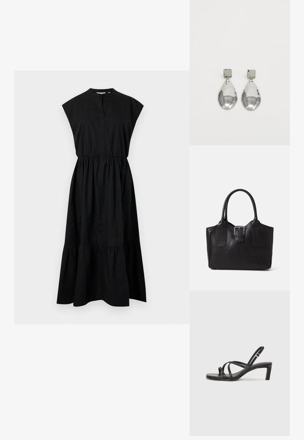 Mustmust dress, mille varrukatega, V-kaelusega ja kogutud vöökoht, lõpetades kihilise hemiga. Sile tekstuur, ilma mustriteta.; Mustast rihmajalatsid ruudukujulise varba ja madala ploki kontsaga. Omab mitmeid õhukesi rihmasid ja reguleeritavat pahkluu rihma. Valmistatud siledast nahast.; Mustgamma nahast kott, millel on sile tekstuur, struktureeritud kuju, kaks käepidet ja esiküljel silmapaistev hõbedane pandla detail.; Hõbedased ripatsid, millel on ruudukujuline studs, siledat ja poleeritud viimistlust ning pisarakuju, peegeldades valgust läikiva pinnaga.