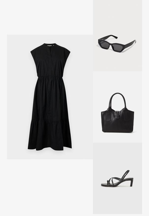 Fekete pamut ruha, amely rövid ujjú, V-nyakú, és ráncolt derékkal rendelkezik, a végén fodros szegéllyel. Simaság jellemzi, minták nélkül.; Fekete pántos szandál négyzetes orral és alacsony blokk sarkal. Több vékony pánttal és állítható boka pánttal rendelkezik. Sima bőrből készült.; Fekete téglalap alakú napszemüveg vastag kerettel, sötét lencsékkel és szögletes formával. Simább műanyag anyag, látható minták vagy kiegészítők nélkül.; Fekete bőr bevásárlótáska sima textúrával, strukturált formával, két fogantyúval és egy figyelemfelkeltő ezüst csattal az elején.