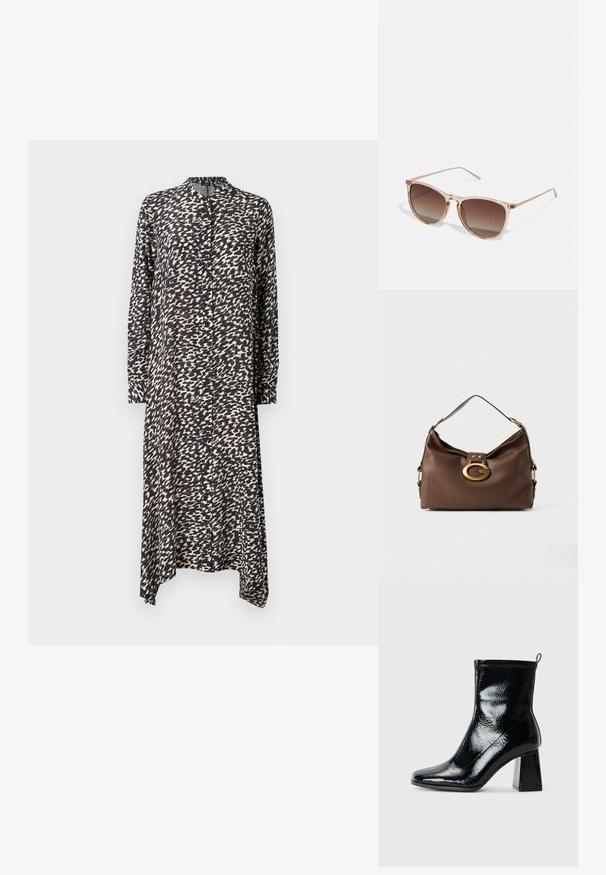 Pikk nööpidega kleit musta ja valge abstractse mustriga, kerge kangaga, kraega ja asümmeetrilise äärega, pikkade varrukatega.; Must värvitud ankle-kingad ruudu toe ja jäme geomeetriline konts. Omab siledat, läikivat tekstuuri ja tagumist tõmmet, mis aitab kergesti jalga panna.; Prunade gradientiga prillid koos poolka sellest roosast raamistikust, ruudukujulised ning õhukeste metallist kätega. Omab ümarate servadega ja minimaalset detailide taset.; Pruun naha kott tekstuuriga pinnaga, millel on kuldse tooni sulgur ja ühekordne, kaardus õlarihm.