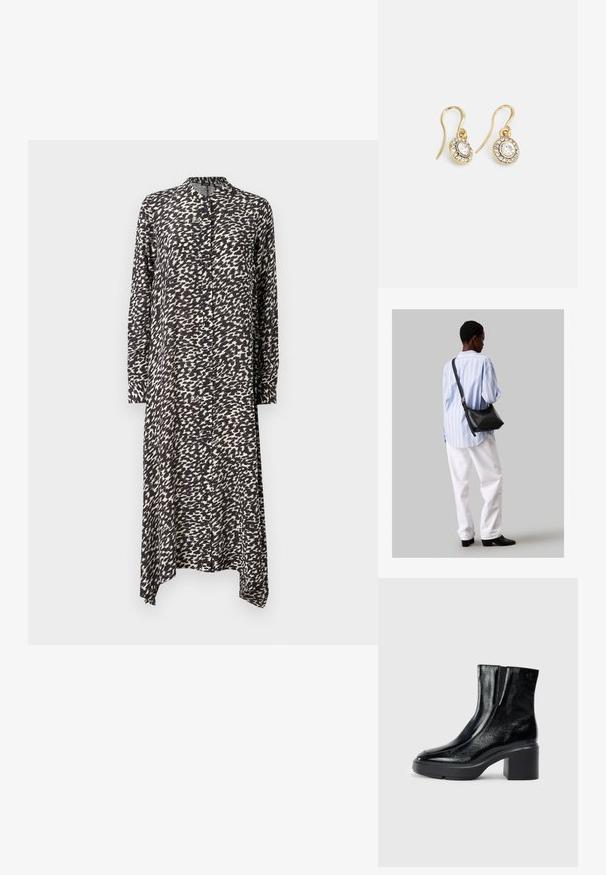 Lang kjole med knaplukning i sort og hvid abstrakt mønster, letvægtsstof, krave, og asymmetrisk kant med lange ærmer.; Sorte patenterede læderankelstøvler med en buet tå, elastiske sidepaneler og en kraftig blokhæl. Har et præget logo på bagsiden.; Sort læder skuldertaske med en blød tekstur, trekantet form og justerbar strop, kombineret med en lyseblå stribet skjorte og hvide bukser.; Guldtonede øreringe med ovalformede klare krystaller omgivet af mindre klare sten, med et krogdesign for sikker bæring.