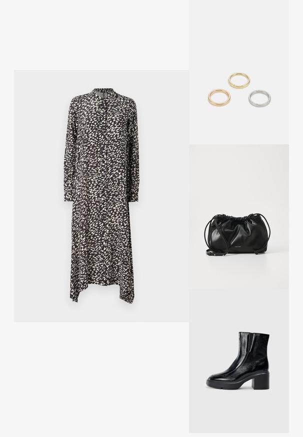 Lang kjole med knaplukning i sort og hvid abstrakt mønster, letvægtsstof, krave, og asymmetrisk kant med lange ærmer.; Sorte patenterede læderankelstøvler med en buet tå, elastiske sidepaneler og en kraftig blokhæl. Har et præget logo på bagsiden.; Sort læderhåndtaske med samlet design, dobbelt snørelukning og aftagelig skulderrem. Har metal-logo detaljer.; Tre metalringe: en i rosaguld, en guld med strukturerede detaljer og en i sølv, alle med indgraveret branding på den indre ring.