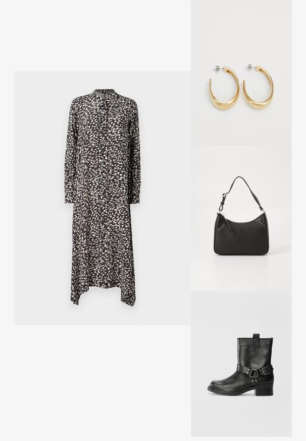 Dlouhá košilová šaty v černobílém abstraktním vzoru, lehký materiál, límečkový výstřih a asymetrický lem s dlouhými rukávy.; Samsøe Samsøe SABRENTA - Kovbojské/motorkářské kotníkové boty - black; Černá kožená kabelka s zakřiveným tvarem, s jedním popruhem, zipovým uzávěrem a decentním logem na přední straně. Hladká textura, minimalistický design.; Zlaté kroužkové náušnice s hladkým, zakřiveným designem. Vyrobené z kovu, mají elegantní povrchovou úpravu a uzávěr s hrotem.