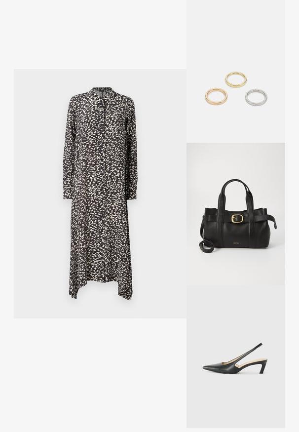 Hosszú gombos ruha fekete és fehér absztrakt mintával, könnyű anyagból, galléros nyakkal és aszimmetrikus szegéllyel, hosszú ujjakkal.; Fekete, hegyes orrú, slingback cipő alacsony sarkával, sima bőrből készült, oldalt kivágott deisgnal a légáteresztőképesség érdekében.; Fekete bőr kézitáska, amely strukturált kialakítással rendelkezik, dupla felső fogantyúval, arany tónusú csattal és a márka dombornyomott logójával az elején.; Három fémgyűrű: az egyik rose gold, a másik texturált akcentusokkal ellátott arany, a harmadik pedig ezüst, mindegyiken gravírozott márkajelzés található a belső sávon.