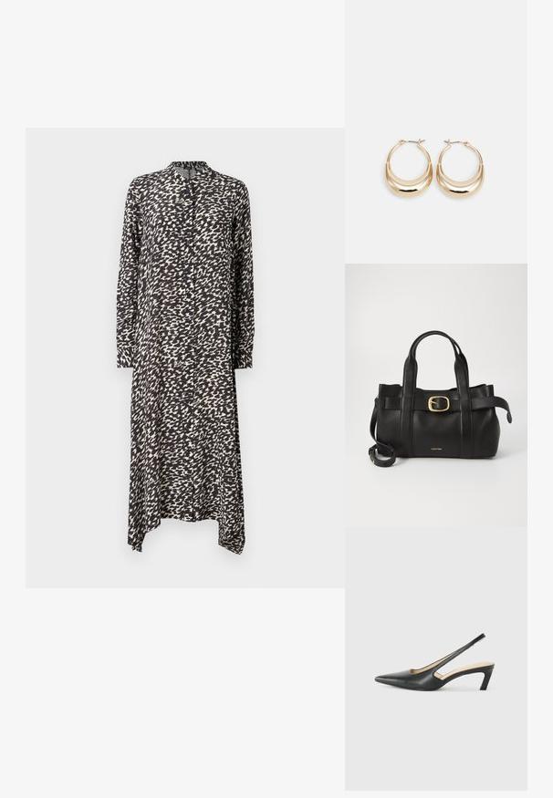 Garšs pogājamais kleitas tērps melnbaltā abstraktā rakstā, viegla auduma, ar apvalkotu apkakli un asimetrisku apakšmalu, ar garām piedurknēm.; Melna, ar smailu purngalu, slingback kurpe ar zemu papēdi, izgatavota no gludas ādas materiāla un ar izgriezumiem sānos gaisa caurlaidībai.; Melnas ādas rokassoma ar strukturētu dizainu, divām augšējām rokturām, zelta toņa sprādzes akcentu un iegravētu zīmola logo priekšpusē.; Zelta tonis apļveida auskari ar pusmēness formu, pulētu virsmu un lūka aizdari. Gluda tekstūra un spīdīga apdare uzlabo redzamību.