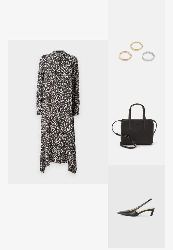 Pitkä nappikiinnityksellä varustettu mekko mustavalkoisessa abstraktissa kuosissa, kevyttä kangasta, kauluksellinen kaula ja epäsymmetrinen helma pitkillä hihoilla.; Musta, kärjeltään terävä slingback-kengä, jossa on matala korko. Kengässä on sileä nahkamateriaali ja sivuilla leikkaukset hengittävyyttä varten.; Musta käsilaukku, jossa on kaksinkertaiset lyhyet kahvat ja irrotettava olkahihna. Silkkinen nahkatunneinen materiaali, jossa on vetoketjukiinnitys ja logoyksityiskohta.; Kolme metallirengasta: yksi ruusukultainen, yksi kultainen teksturoiduilla yksityiskohdilla ja yksi hopeinen, kaikki kaiverretulla brändäyksellä sisäpuolella.