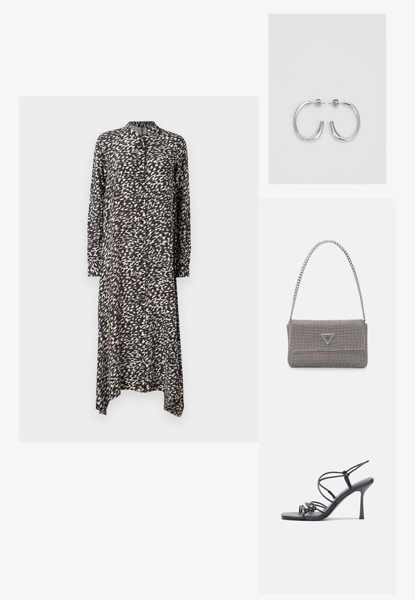 Pikk nööpidega kleit musta ja valge abstractse mustriga, kerge kangaga, kraega ja asümmeetrilise äärega, pikkade varrukatega.; Mustad musta värvi kontsandaalid on varustatud peente rihmadega, millel on sõlmekujundus, siledad ruudukujulised varbad ja stiilne stilettokonts.; Helehall metallik handbags, millel on kett, kaunistatud väikeste ümmarguste metallist õmblustega ja kolmnurkse brändi logoga.; Hõbedased rõngaskõrvarõngad, millel on sile ja läikiv pind. Ümar kuju, kerge disain, millel on post-tagumise kinnituse süsteem.