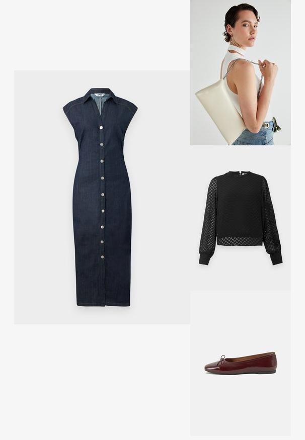 Traper haljina ima gumbasti prednji dio, ovratnik, kratke rukave i uski kroj, u tamnom izgledu s suptilnim detaljima šivanja.; Crni dugi rukav top s teksturiranim cik-cak uzorkom, visokim izrezom i prozirnim rukavima. Ima otvor na leđima u obliku ključa i prilagođene manžete.; Burgundska lakirana balerinka s zaobljenim vrhom, malim mašnom sprijeda i niskom, crnom gumenom potplatu. Glatka tekstura.; Bijela pravokutna torbica s kopčanjem, izrađena od sjajnog materijala, s srebrnim lančićem. Model pozira, prikazujući torbicu na jednostavnoj pozadini.