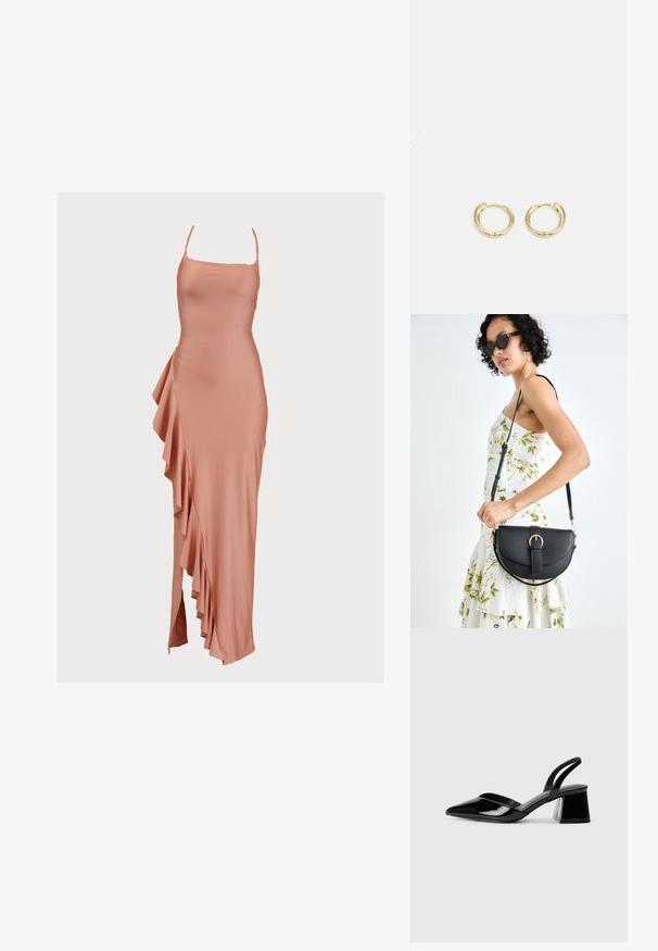 Ilga, be rankovių suknelė iš švelnaus persikų audinio. Yra figūrą apimančios liemenės ir šoninės raukšlės, nusileidžiančios iki skeltuko ant apatinio krašto. Lygi tekstūra.; Juodos lakuotos odinės šlepetės su smailiu pirštu ir geometriniu bloko kulnu. Turi elegantišką, minimalistinį dizainą ir lygų paviršių.; Juodas odinis krepšys su išlenkta forma, nuimamu dirželiu ir auksiniais detalėmis. Krepšys turi kilpą su sagtimi.; Auksiniai auskarai su sklandžiu, apvaliu dizainu. Savybės: mažas uždarymo mechanizmas, lengvas įvaizdis ir poliruotas paviršius.