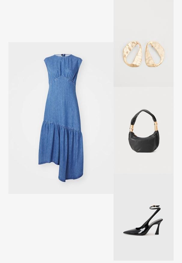 Denimkleit, millel on vormitud bodi, ümar kaelus, lühikesed varrukad ja kihiline seelik. Kanga värv on mõõdukas sinine ning sellel on peen tekstuur.; Mustad läikivad patendiga slingback-kõrged kontsad, millel on terav põlv ja reguleeritav pahkluu rihm, ning mõõdukas plokknukk. Sile tekstuur läikiva viimistlusega.; Must mustrepp nahkakott ümmarguse kujuga, pehme tekstuuriga ja sõlmiga käepidemega, millel on kuldse tooni aksessuaarid. Lukuga sulgemine.; Eba paar eba ebaorditud ovaalkujulisi kuldehhe kaal setertu, kerge keersuju pinnaga valgel taustal.