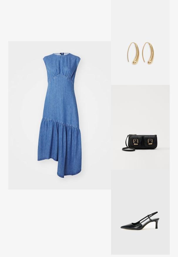 Denima kleita ar pieguļošu augšdaļu, apaļu kakla izgriezumu, īsām piedurknēm un slāņotu svārku. Audums ir vidēji zils ar maigu tekstūru.; Melna patent āda ar slīdošo papēdi un smailo purngalu, ar teksturētu čūsku drukājumu, regulējamu siksniņu un īsu teksturētu blokpapēdi.; Melnas ādas crossbody soma ar divām priekšējām kabatām, zelta sprādzēm, ar rāvējslēdzēju aizdari un šauru siksnu. Strukturēta virsma un kompakta taisnstūra forma.; Zelta toņu metāla gredzena auskari ar izliektu, pagarinātu formu. Ar gludu, spīdīgu virsma un noapaļotu galu papildu detaļām.