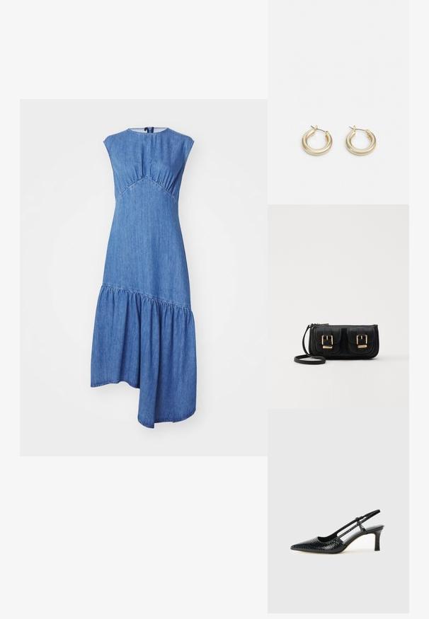 Denimové šaty s priliehavým telom, okrúhlym výstrihom, krátkymi rukávmi a volánovou sukňou. Tkanina je stredne modrá s jemnou textúrou.; Čierne patentové slingback topánky na ihlovom podpätku s špicatou špičkou, s textúrovaným hadím vzorom, nastaviteľným popruhom a krátkym, textúrovaným blokovým podpätkom.; Čierna kožená crossbody taška s dvoma prednými vreckami, zlatými sponami, zipsovým uzatváraním a úzkym popruhom. Štruktúrovaný povrch a kompaktný obdĺžnikový tvar.; Lauren Ralph Lauren BASIC SMALL HOOP - Náušnice - gold-coloured