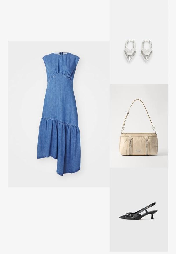 Rochie din denim cu un corset ajustat, decolteu rotund, mâneci scurte și fustă în straturi. Materialul este de o nuanță medie de albastru, cu o textură subtilă.; Pantofii slingback din piele neagră, cu vârful ascuțit, curele decorative cu ochiuri din metal și toc bloc mic. Suprafață texturată.; Geantă din piele bej cu detalii din metal argintiu, două fermoare laterale, design structurat și o curea detașabilă pentru versatilitate.; Lacate în formă de inimă, argintii, cu inscripții gravate "DA" și "NU", finisaj lustruit, design simetric și un închizător robust din metal.