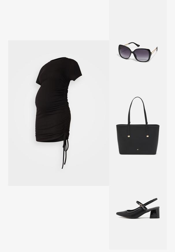 Melnā grūtniecības kleita ar īsām piedurknēm, sānu ručinga detaļām un regulējamiem saitēm; izgatavota no mīksta, elastīga auduma.; Melns patentēts ādas sandales ar norādīta pirksta formu, noapaļotu izgriezuma dizainu un bloķētu papēdi. Iezīmēta ar zelta toņa sprādzi.; Melni pārmērīgi lieli saulesbrilles ar gradāciju lēcām, biezām rāmja malām un zeltainas krāsas ķēžu detaļām uz tempļiem.; Melnā somiņa, kas izgatavota no sintētiska materiāla, ar vienkāršu taisnstūra formu, zelta kvadrātveida akcentiem un divām rokturiem.