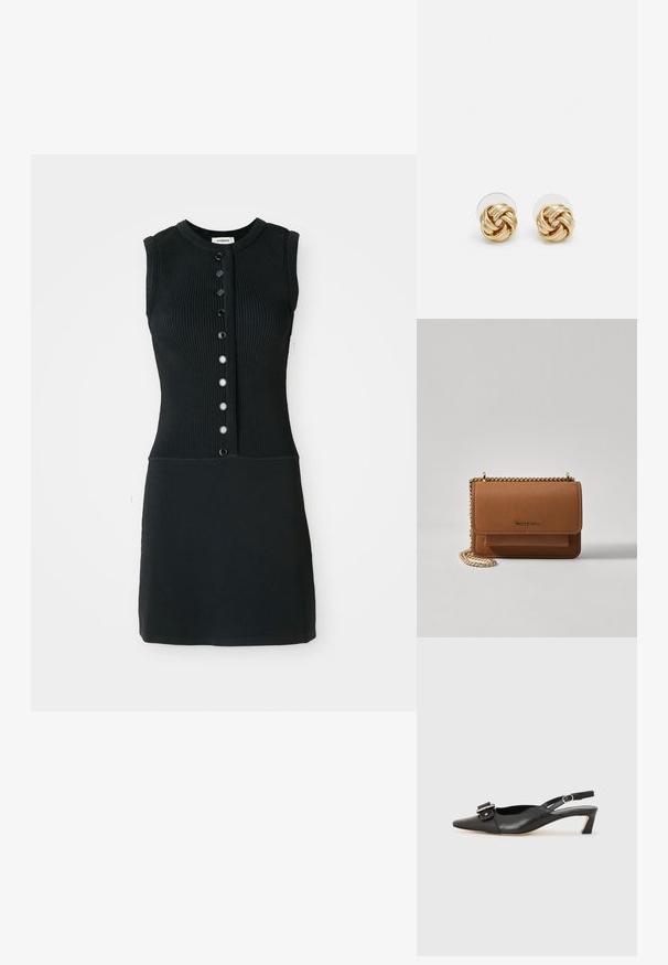 Robe sans manches noire en tricot côtes avec un col rond, dotée d'une patte de boutonnage à l'avant avec six boutons noirs et d'une silhouette ajustée.; Chaussure slingback en cuir noir avec un bout pointu, un petit talon et un détail de boucle décoratif sur le dessus. Texture lisse, design minimaliste.; Sac en cuir texturé marron en bandoulière avec une sangle en chaîne dorée et une fermeture à rabat. L'avant présente un détail de logo et une poche sous le rabat.; Boucles d'oreilles avec clou en métal doré et design torsadé. Chaque boucle d'oreille est dotée d'un arrière transparent circulaire pour un port sécurisé.